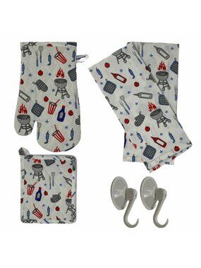 BBQ Grilling Theme Oven Mitt Pot Holder Tea Towel 4 Pc Kitchen Set